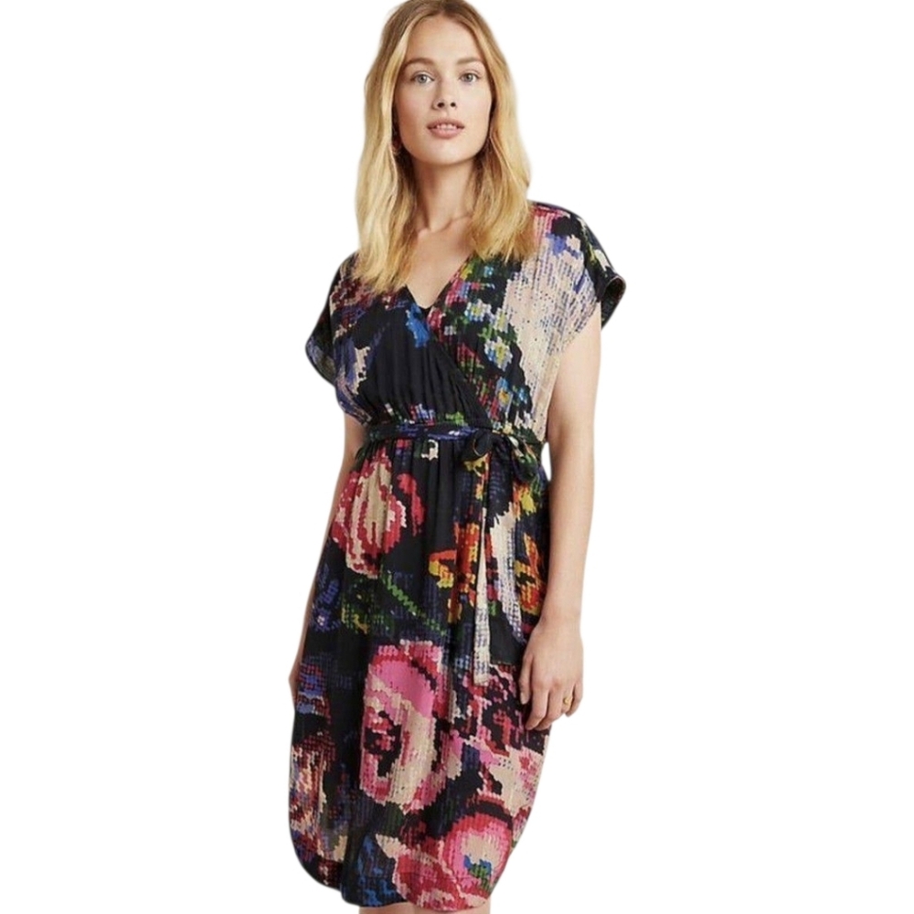 Anthropologie Astrid Needlepoint Dress Small Black Floral